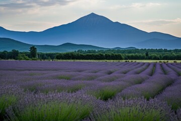 Fototapeta na wymiar lavender field with mountain range in the background, created with generative ai