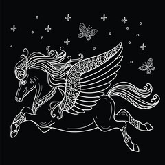 Flying Pegasus vector white on black vector illustration