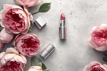 Obraz na płótnie Canvas stock photo of lipstickk make up tools on the chic feminine AI Generated