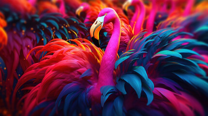 Dreamy wallpaper with pink flamingos. AI