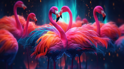 Dreamy wallpaper with pink flamingos. AI