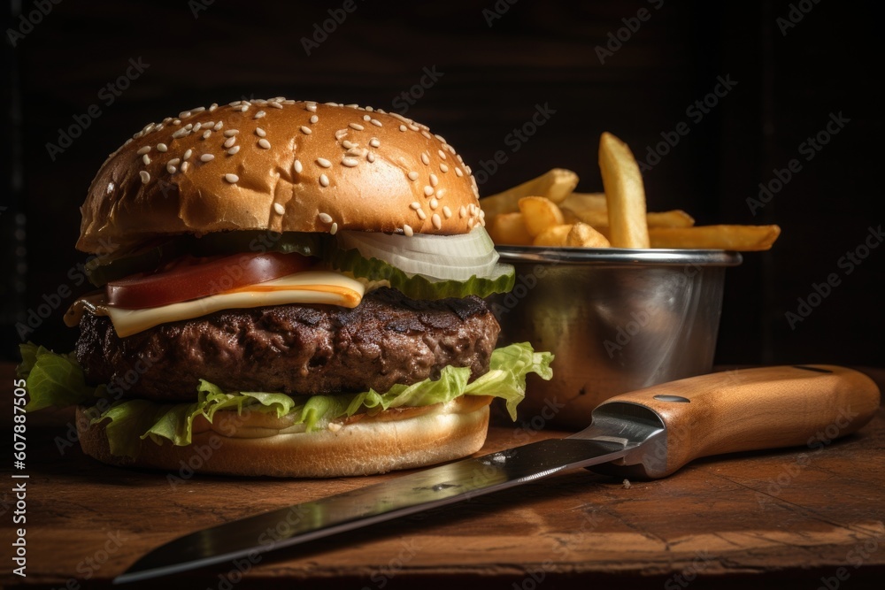 Poster close-up of classic burger and fries, with knife and fork for added detail, created with generative ai