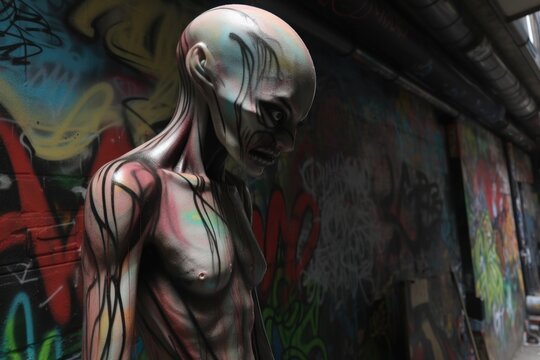 alien looking down at human, with graffiti writing on the wall behind, created with generative ai