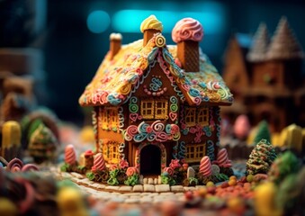 gingerbread house with vibrant colored frosting and intricate decorations