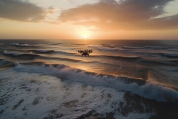 Obraz premium drone capturing sunset over the ocean, with waves rolling onshore, created with generative ai