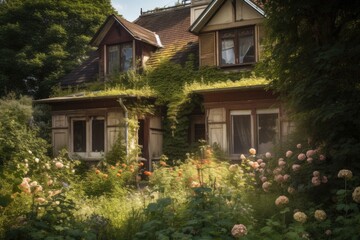 Fototapeta na wymiar abandoned house, with broken windows and overgrown garden, surrounded by blooming flowers, created with generative ai
