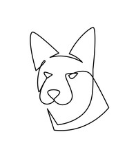 Continuous One Line Drawing of dog's head. Hand drawn illustration, a simplified sheepdog's head outline icon. Cute frowny dog simple single line vector drawing