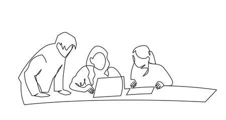 Group of three people working together continuous one line vector drawing. Students preparing to exams, doing homework. Coworking. Job meeting, discussion.