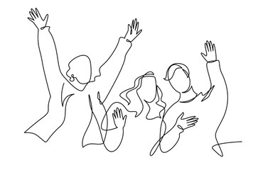 Cheerful crowd cheering illustration. Hands up. Group of three people rejoice and cheer continuous one line vector drawing. Women and men standing at concert, meeting.