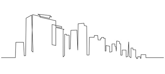 Modern cityscape continuous one line vector drawing. Metropolis architecture panoramic landscape. Seoul skyscrapers hand drawn silhouette. Apartment buildings isolated minimalistic illustration