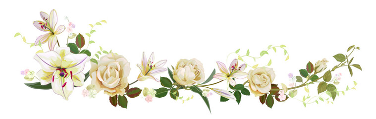 Panoramic view: bouquet of white roses, lilies, spring blossom. Horizontal border for Mothers Day or wedding invitation. Gentle realistic illustration in watercolor style on light background. Vector