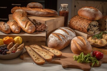 Obraz na płótnie Canvas mouth-watering selection of artisan breads, from baguettes and rolls to ciabattas and flatbreads, created with generative ai