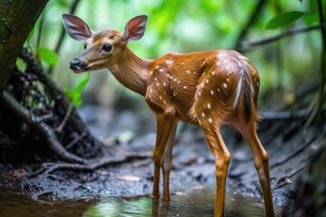 Naklejka premium newborn fawn cautiously exploring its surrounding for the very first time, created with generative ai