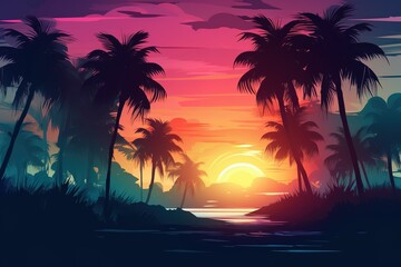 Naklejka na ściany i meble an example of a palm tree grove against a setting sun Generative AI