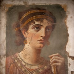 Fresco portrait of woman from Pompei ruins, ancient Rome, Italy, Generative AI