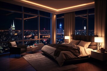 Generative AI illustration of luxury penthouse bedroom at night - obrazy, fototapety, plakaty