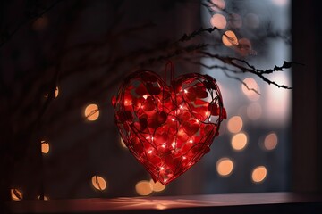 Heart with lights for Christmas decoration. Warm indoor light. Generative AI