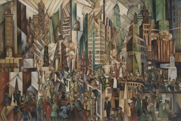 cubist painting of bustling cityscape, with towering skyscrapers and rushing crowds, created with generative ai