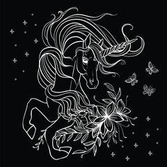 Coloring unicorn with flowers vector white on black