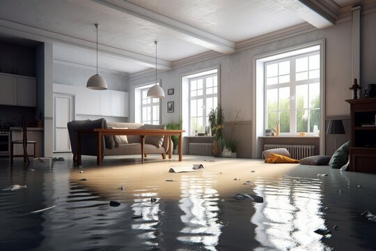 Generative AI illustration of flooded flat interior
