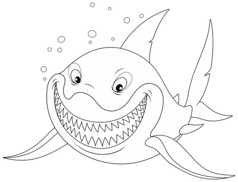 recommend clip art: Funny giant and very dangerous great white shark in a good mood friendly smiling and blowing bubbles, black and white outline cartoon illustration for a coloring book