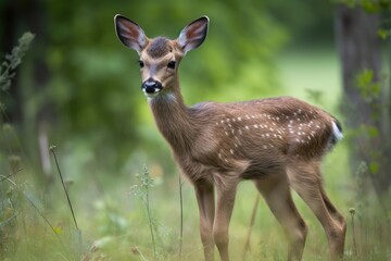 baby deer in meadow, with delicate legs and soft fur, created with generative ai