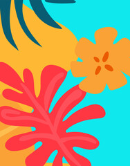 Fototapeta na wymiar Bright summer color banner with colorful tropical leaves, flowers. The concept of relaxation. Templates are perfect for ads, banners, websites, posters. Vector graphics. 