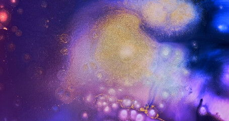 Bright lilac gold fluid abstract backdrop. Neon pink purple paint flow. Shiny gold particles in blue. Bright color art. Liquid backdrop. Watercolor move pattern texture. Colorful artwork