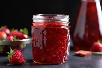 Fototapeta na wymiar homemade strawberry preserves in clear glass jar, created with generative ai