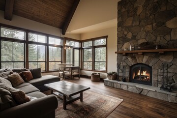 Fototapeta na wymiar cabin with stone fireplace, huge window, and plush furnishings, created with generative ai
