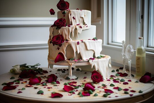 broken wedding cake with cascading icing and rose petals, created with generative ai