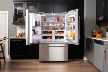 an energy-efficient refrigerator, with the door open, displaying its clean and organized interior, created with generative ai