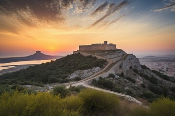 sunrise over majestic ancient fortress, with a view of the surrounding landscape, created with generative ai