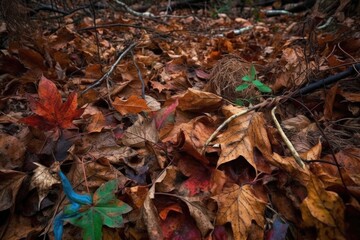 close-up of crunchy leaf and twig forest floor, created with generative ai