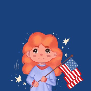 Día de la independencia de estados unidos 4 de julio con ilustración de niña sosteniendo bandera y fondo azul