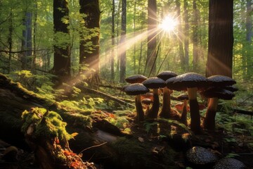 Lush forest scene with sunlight filtering through the canopy, showcasing clusters of shiitake mushrooms growing on tree trunks, emphasizing their natural and organic origins. Generative Ai