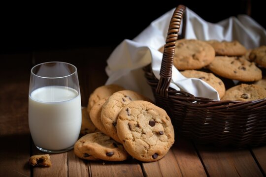 basket of freshly baked cookies, with a glass of milk for dunking, created with generative ai