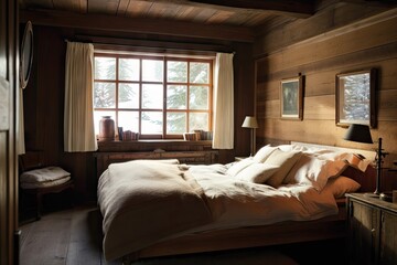 a cozy bedroom with wood-paneled walls and a warm duvet, created with generative ai
