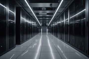 data center with sleek and futuristic interior, filled with advanced technology for storing and managing data, created with generative ai
