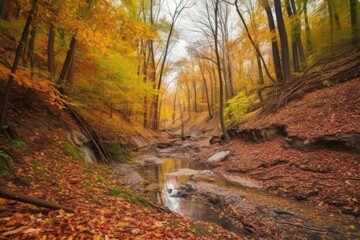 colorful autumn forest with long trails, streams and waterfalls, created with generative ai