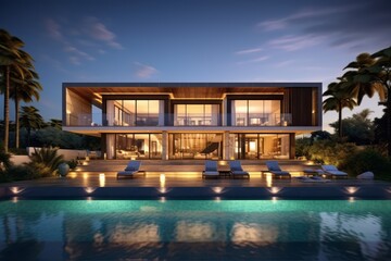 Fototapeta premium Modern luxurious villa with pool. Generative Ai