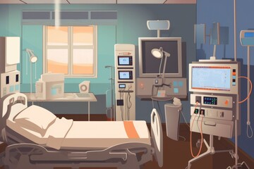 a hospital room, with a patient surrounded by a variety of monitoring and life-saving devices, created with generative ai