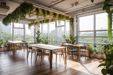 Fototapeta na wymiar co-working space with natural light and greenery in the background, created with generative ai