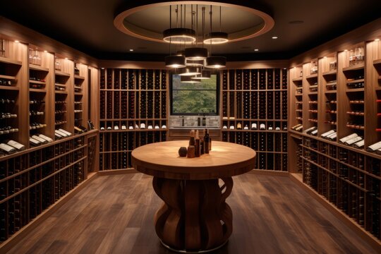 well-stocked wine cellar in a luxury home, with rows of wine bottles, tasting area, and elegant storage displays. Generative AI