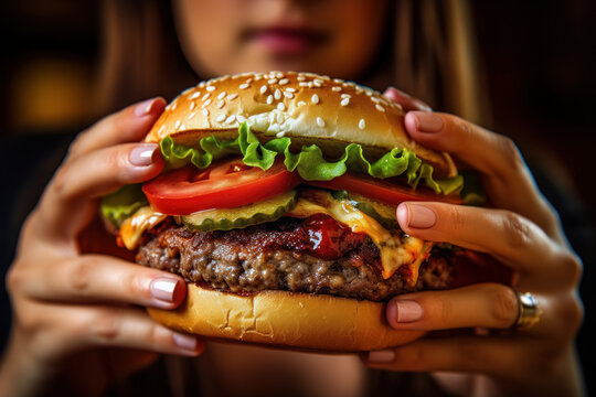 Woman holding a hamburger with cheese, tomatoes, lettuce, pickles and delicious sauces. generative ai