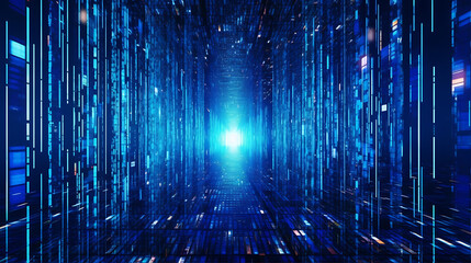 Blue Binary Code Streaming through Virtual Space