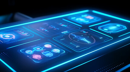 Blue Holographic Interface with AI Data Visualization