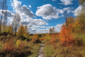 Fototapeta premium autumn forest hike with view of clear blue sky and a few fluffy clouds, created with generative ai