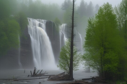 cascading spring waterfalls in the mist of a thunderstorm, created with generative ai
