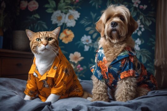 photoshoot, with cat and dog models wearing outfits of their own designs, created with generative ai